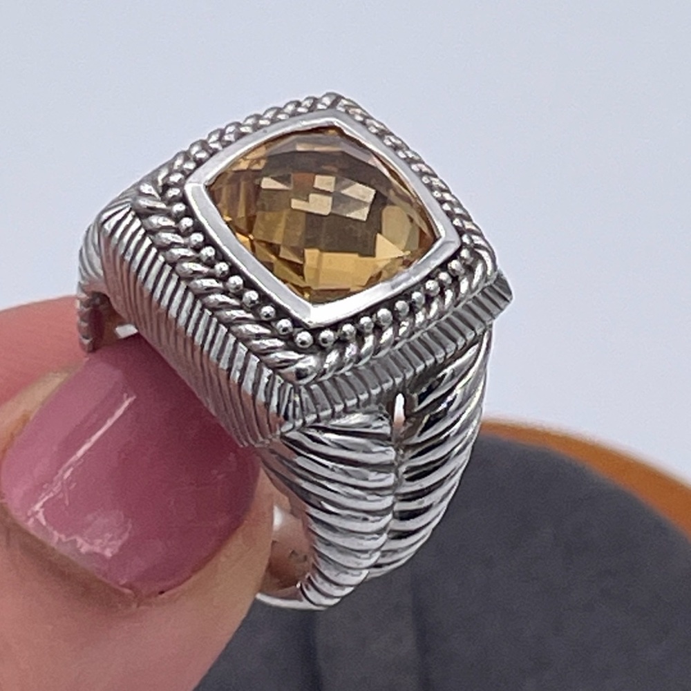 Judith Ripka Citrine Cushion Ring Sterling Silver 925 Double Cable Shank Size 8 - Picture 2 of 10